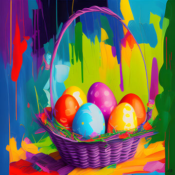 Cesto de ovos de páscoa colorido, fundo colorido. IA Generativa