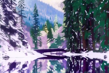  a painting of a snow covered forest with a lake in the foreground and a mountain in the background with trees reflected in the water.  generative ai