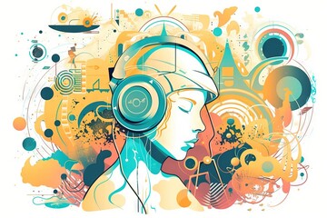  a woman with headphones on her head is surrounded by colorful circles and circles on a white background with a splash of paint on it.  generative ai