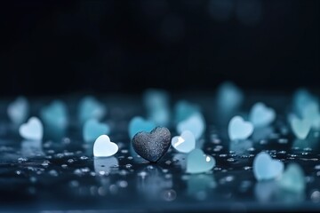  a heart shaped object sitting on top of a wet surface with drops of water around it and a black background with white and blue hearts.  generative ai