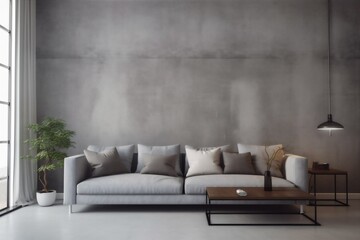 interior loft contemporary living sofa lifestyle modern scandinavian furniture simple concrete wall. Generative AI.