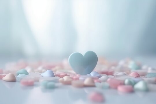 a heart shaped object surrounded by small candy hearts on a table with a white curtain in the background and a light blue curtain in the background.  generative ai