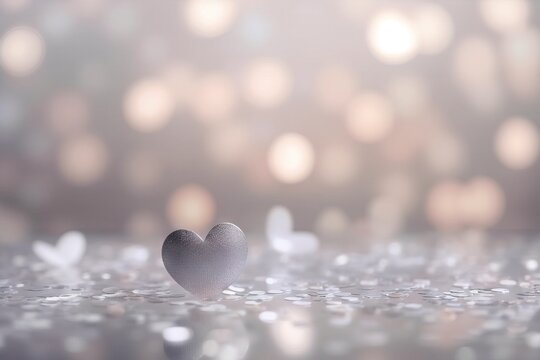  a heart shaped object sitting on top of a table next to a wall of glass and silver flakes on the floor of a room.  generative ai