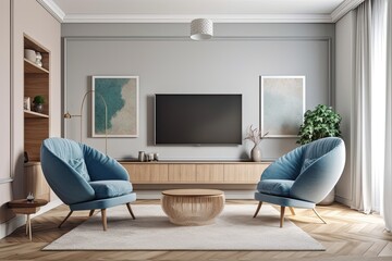 Interior of a contemporary living room with white walls, a wooden floor, a round table, two blue armchairs, and a wall mounted television. Generative AI