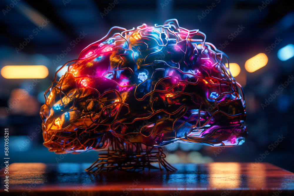 Poster a breathtaking artificial intelligence brain backdrop, featuring luminous light effects that symboli