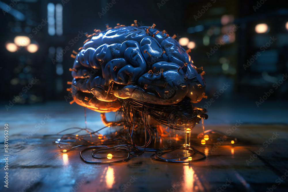 Poster a visually striking representation of an artificial intelligence brain, highlighted by glowing light