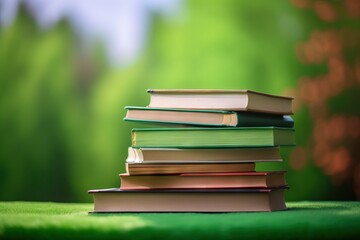  a stack of books sitting on top of a lush green field next to a forest in the background with a blurry sky in the background.  generative ai
