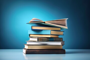  a stack of books sitting on top of each other on top of a blue tablecloth covered table top next to a blue wall with a blue background.  generative ai