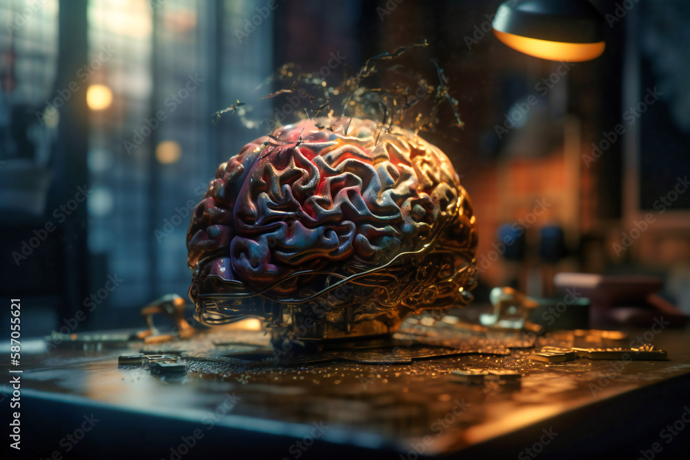 Poster a captivating image of an artificial intelligence brain, brilliantly illuminated by radiant light ef