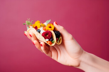 Woman holding taco with spring flowers and berries in hands. generative ai