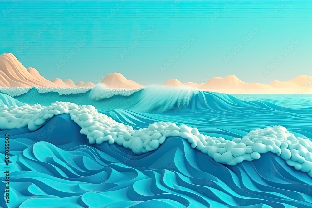 Poster majestic wave in the ocean with serene mountains in the backdrop. generative ai