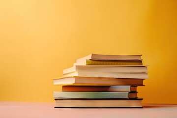 a stack of books sitting on top of a table next to a yellow wall with a clock on top of the bookcase and a yellow wall in the background.  generative ai