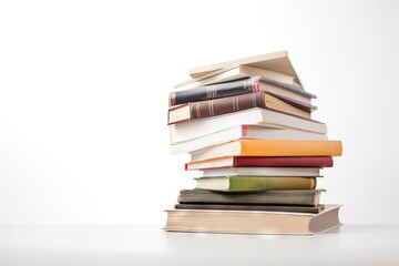  a stack of books sitting on top of each other on top of a white tablecloth covered table top next to a white wall with a white background.  generative ai