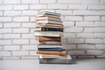 Fototapeta na wymiar a stack of books sitting on top of each other on top of a white table next to a white brick wall and a white brick wall. generative ai