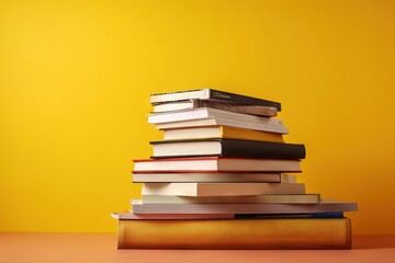  a stack of books sitting on top of each other on top of a wooden table next to a yellow wall and a yellow wall in the background.  generative ai