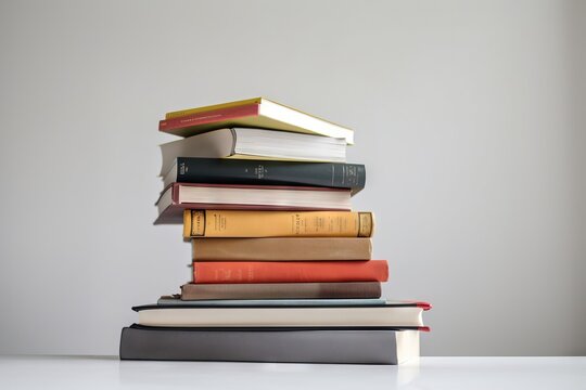  a stack of books sitting on top of each other on top of a white counter top next to a white wall and a white wall.  generative ai