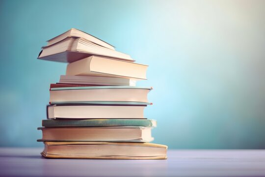  a stack of books sitting on top of a table next to a blue wall and a blue wall in the background with a blue sky in the background.  generative ai