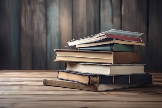  a stack of books sitting on top of a wooden table next to a wooden wall with a wooden floor and a wooden wall in the background.  generative ai