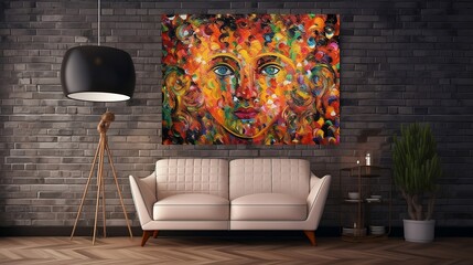 sofa with vibrant and eye-catching art on simple plain wall background - ideal for real estate photography and interior design. generative ai