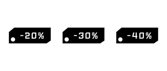 Modern set of black labels with clipped discount offers of -20%, -30% and -40%