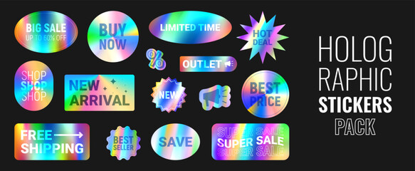 Set of holographic stickers for sale. Vector illustration with iridescent foil adhesive film. Holographic labels for hot deal and super sale. Gradient stickers for mark discounts.