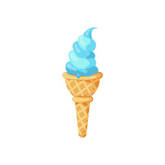 Soft mint ice cream in waffle cone. Sweet summer refreshing dessert. Sundae. Frozen treats. Street food. Vector illustration