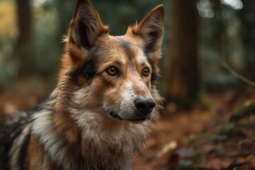 Sarlosa, a wolf dog, looks at the camera in the forest. Generative AI