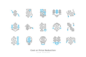 Cost or Price Reduction Icon Set with Simple Line Style. Business and Financial Illustration. Reduced Finance. Decrease Symbol