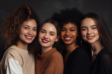 Multiracial women standing together and smiling at camera. Portrait of interracial female models. Diversity concept. Created with Generative AI