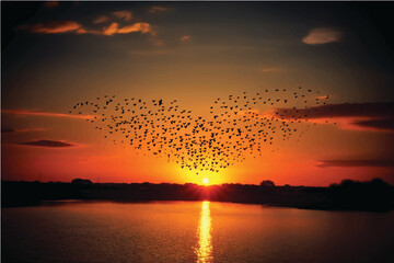 Birds flying at sunset. Generative AI