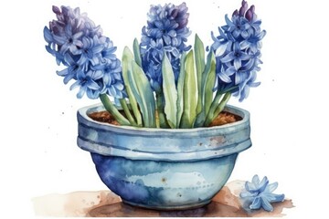 blue flowers in a blue pot. Generative AI