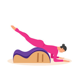 Woman doing Pilates with equipment. Equipment
 - back corrector for Pilates. Vector illustration

