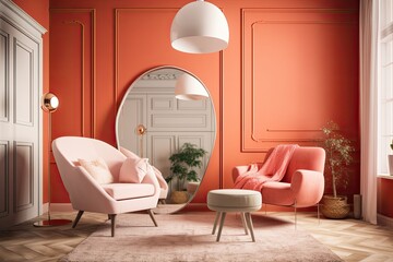 Elegant living room with coral walls, cozy chair, mirror, table, carpet, and mirror. Nordic interiors. Generative AI