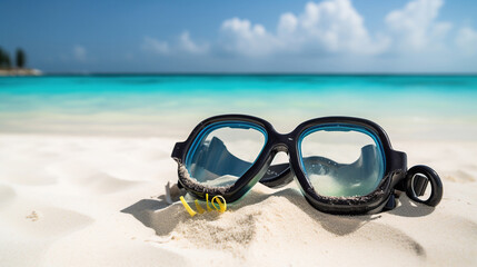 Diving goggles and snorkel gear on white sand near beach