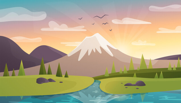 Landscape view of green meadows, mountains. Vector illustration of a beautiful, bright sunrise landscape. Mountain morning