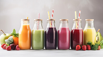 Fototapeta na wymiar Colorful smoothie, healthy detox vitamin diet or vegan food concept, fresh vitamins, breakfast drink with spinach, pomegranate, figs and blueberries. Generative Ai