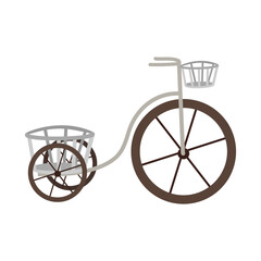 Fototapeta na wymiar Vector bike with basket. Beautiful vintage bicycle. Two-wheeled transport. Flat style object. White isolated background.