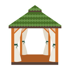 Vector gazebo with green roof. Pergola for relaxing in the garden. Light architectural structure located in a garden or park. White isolated background. 