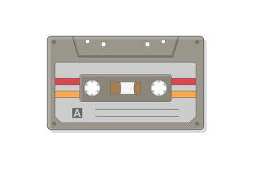 illustration of a grey audio cassette tape with red and yellow strips retro vintage tech 90s 80s nostalgia memories old schools 