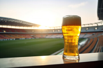 Glass of beer on football stadium background