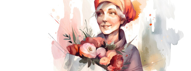 Gray haired woman holding gift and flowers bouquet
