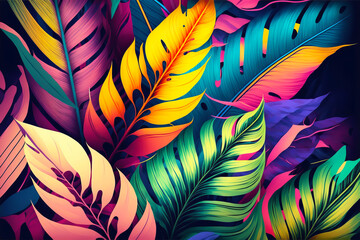 Colorful tropical leaves pattern. Generative AI illustration