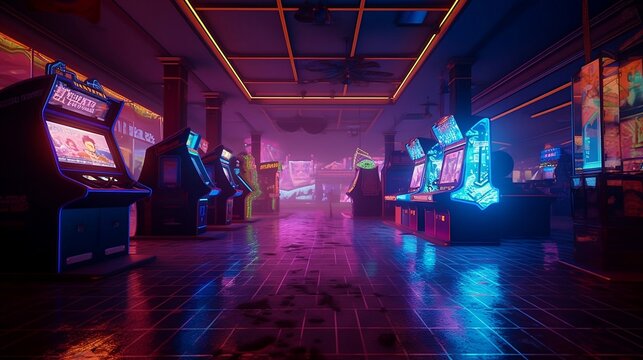 Arcade With Fighting Games,the Arcade Machines Are Brightly Colored With Neon Lights,generative AI