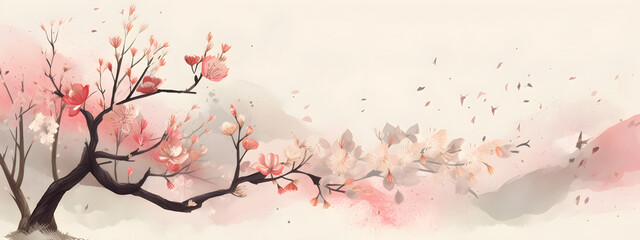 Pink blooming sakura tree brunches Japandi style