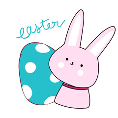 Happy Easter element set of funny rabbit animals, eggs and floral decoration in cute cartoon style. Flat hand drawn icon