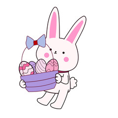 Happy Easter element set of funny rabbit animals, eggs and floral decoration in cute cartoon style. Flat hand drawn icon