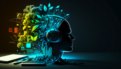 Fototapeta na wymiar Futuristic ilustration, head with headphones with neon glow. Technical support concept, digital art. Generative AI