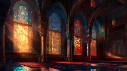 Ornate Mosque Interior, Stained Glass, Colorful Light, Islamic Architecture, Generative Ai, Generative, Ki