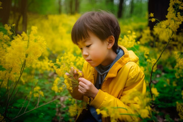 Asian Boy Is Observing Yellow Flowers In  Spring.   generative ai