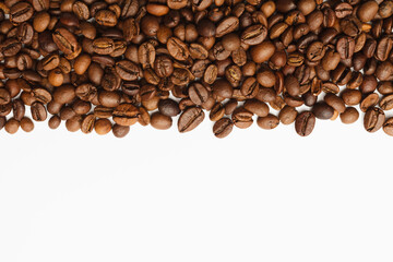 Coffee beans border on white background. Copy space for text